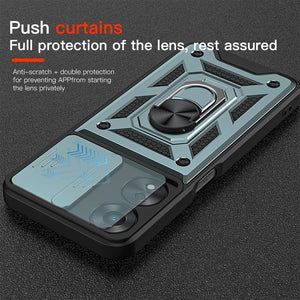 KEYSION Shockproof Armor Case for OPPO A78 5G A98 5G Slide Camera Lens Protection Ring Stand Phone Back Cover for OPPO A58 X 5G