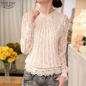 Spring Autumn New Ladies White Blusas Women's Long Sleeve Chiffon Lace Crochet Tops Blouses Women Clothing Feminine Blouse 51C