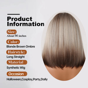 Short Straight Synthetic Wigs for Women Blonde to Brown Ombre Bob Wigs with Bangs Daily Cosplay Party Heat Resistant Fake Hair