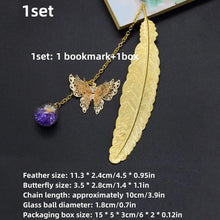Load image into Gallery viewer, 1pc Chinese Style Metal Feather Bookmark Creative Immortal Dried Flower Butterfly Leaf Student Bookmark Teacher's Day Gift
