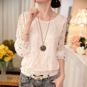 Spring Autumn New Ladies White Blusas Women's Long Sleeve Chiffon Lace Crochet Tops Blouses Women Clothing Feminine Blouse 51C