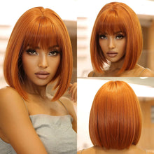 Load image into Gallery viewer, Short hair synthetic wig with side parting, locks around the collarbone, hair made of high-temperature fibers, full head cover.
