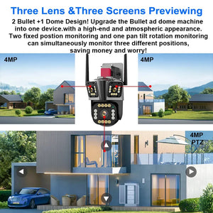 Smart PTZ Wifi Camera 6K HD Three Lens Three Screen 10X Hybrid Zoom Video Security Surveillance Camera Protection 360° Home