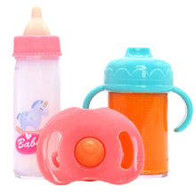 Load image into Gallery viewer, Baby Doll Feeding Bottle Set Baby Care Toy Stroller 2pcs Milk And Juice Bottles With Toy Pacifier Baby Doll Accessories
