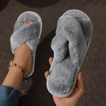 Load image into Gallery viewer, Cross Warm Fluffy Furry Slippers Women Lightweight Flat Heels Fur Slides Woman Autumn Winter Open Toe Non Slip Home Floor Shoes
