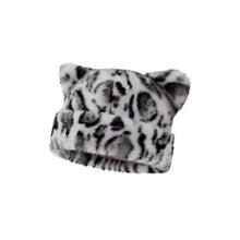 Load image into Gallery viewer, Leopard print plush teddy bear hat for women, sweet and cute, thick and warm, retro and versatile, hooded beanie.
