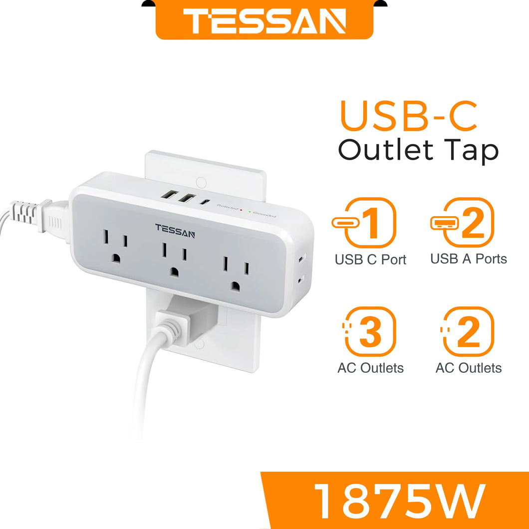TESSAN Multi Outlet Splitter with 8 AC Outlets & 3 USB (1 USB C) Surge Protector Multi Outlet Extender for Home Office Dorm