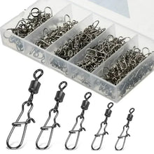 Load image into Gallery viewer, 50pc/box Stainless Steel Fishing Connector Pin Bearing Rolling Swivel with Snap Fishhook Lure Accessories
