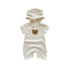 Load image into Gallery viewer, New In Summer Kids Baby Girls Boys Short Sleeve Waffle Patch Bear Infant Newborn Jumpsuits Cotton Romper Gift Hat with Ear
