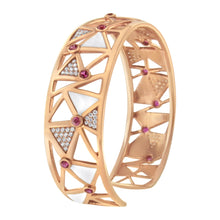Load image into Gallery viewer, 14K Rose Gold 5/8 Cttw Diamond with Pink Tourmaline Open Cuff Bangle with White Enamel (G-H Color, SI1-SI2 Clarity) - 7"
