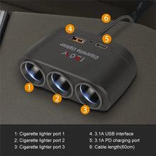 Load image into Gallery viewer, 3 in 1 USB Type C Socket 120W Car Cigarette Lighter Splitter 12V 24V Fast Charger Phone Power Adapter for Car DVR GPS Dashcam
