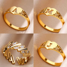 Load image into Gallery viewer, Fashion Hollow Initial Letter Heart Rings For Women Gold Color Stainless Steel A-Z Letter Ring Aesthetic Wedding Jewelry Gift
