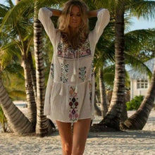 Load image into Gallery viewer, BOHO INSPIRED Floral Embroidered bohemian chic women&#39;s summer dress tassel tied white sleeve boho beach dress white
