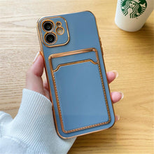 Load image into Gallery viewer, Luxury Plating Silicone Card Slot Holder Case For iPhone 14 12 13 Pro Max Elegant Women Soft Wallet Shockproof Cover Soft Bumper Beautiful Shiny Color Smartphone Case For Women
