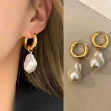 Load image into Gallery viewer, Vintage Circle Drop Earrings – Baroque Pearl Gold Earclips for Women
