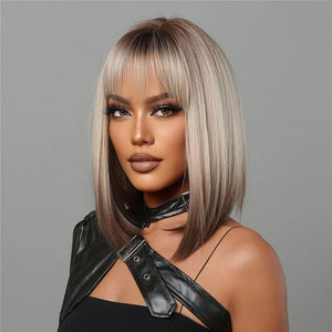 Short Straight Synthetic Wigs for Women Blonde to Brown Ombre Bob Wigs with Bangs Daily Cosplay Party Heat Resistant Fake Hair