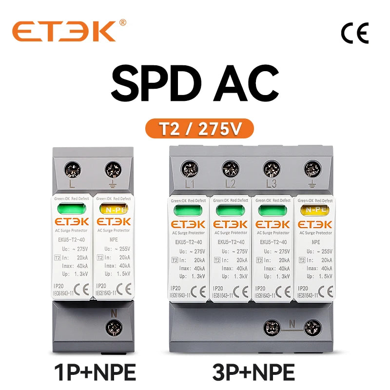 ETEK House Surge Protective Device Protector Arrester Protection Type T2 SPD AC 2P 4P 20KA~40KA 1P+NPE 3P+NPE 275V EKU5