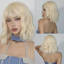 Load image into Gallery viewer, Short Wavy Wine Red Synthetic Wigs for Women Curly Lolita Wigs With Bangs Shoulder Length Wigs Natural Looking Daily Cosplay

