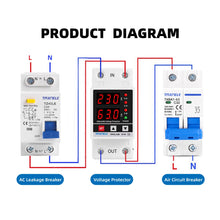 Load image into Gallery viewer, Dual Display 40A 63A 230V Din Rail Adjustable digital Over Under Voltage Relay Surge Protector  Limit Over Current Protection
