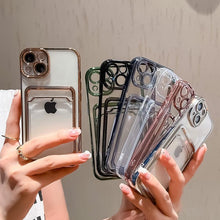 Load image into Gallery viewer, Transparent Card Holder Wallet Case For iPhone 13 11 12 14 Pro Max 14 Plus Photo Pocket Shockproof Silicone Cover Wallet Case Card Slot Ultra Glossy Slim Clear Case
