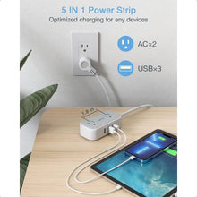 Load image into Gallery viewer, Small Power Strip Extension Cord with 2 AC Outlets 3 USB Ports Mini Desk Charging Station for Cruise Travel Office School Dorm
