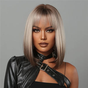 Short Straight Synthetic Wigs for Women Blonde to Brown Ombre Bob Wigs with Bangs Daily Cosplay Party Heat Resistant Fake Hair