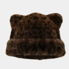 Load image into Gallery viewer, Leopard print plush teddy bear hat for women, sweet and cute, thick and warm, retro and versatile, hooded beanie.
