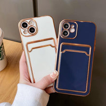 Load image into Gallery viewer, Luxury Plating Silicone Card Slot Holder Case For iPhone 14 12 13 Pro Max Elegant Women Soft Wallet Shockproof Cover Soft Bumper Beautiful Shiny Color Smartphone Case For Women
