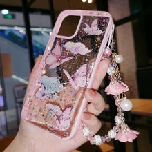 Load image into Gallery viewer, Butterfly Phone Case for iPhone 14 Pro Max 13 12 11 XS XR X 7 8 plus Glitter Clear Covers Bracelet With Lady Pendant Non Moving Dry Fixed Glitter Luxury Shiny Butterfly Wrist Bracelet Chain Soft Silicone Case For Smartphone
