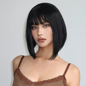Short Straight Bob Wigs for Women Black Brown Synthetic Natural Hair Wig with Bangs Heat Resistant Cosplay Daily Use Hair