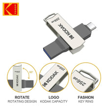 Load image into Gallery viewer, Kodak K273 Metal USB Flash Drive USB3.2 Type C Flash Drive 32GB 64GB 128GB 256GB High Speed for Car Laptop
