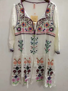 BOHO INSPIRED Floral Embroidered bohemian chic women's summer dress tassel tied white sleeve boho beach dress white