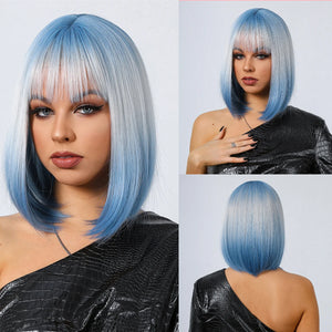 Short Straight Synthetic Wigs for Women Blonde to Brown Ombre Bob Wigs with Bangs Daily Cosplay Party Heat Resistant Fake Hair