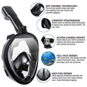Full Face Snorkel Mask with Detachable Camera Mount,Snorkeling Swimming Diving Mask Wide View Anti-Fog Anti-Leak for Adult Kids