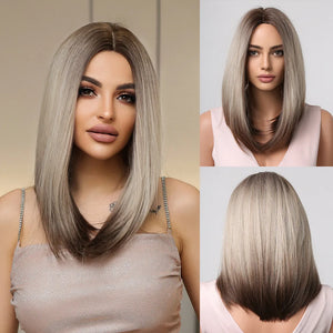 Short Straight Synthetic Wigs for Women Blonde to Brown Ombre Bob Wigs with Bangs Daily Cosplay Party Heat Resistant Fake Hair