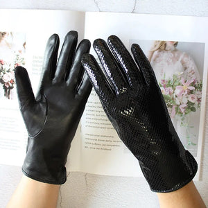 New Snake Print Leather Sheepskin Gloves Women's Fashion High Gloss Velvet Lining Autumn and Winter Warm Driving Gloves