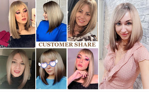 Short Straight Synthetic Wigs for Women Blonde to Brown Ombre Bob Wigs with Bangs Daily Cosplay Party Heat Resistant Fake Hair