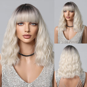 Short Wavy Wine Red Synthetic Wigs for Women Curly Lolita Wigs With Bangs Shoulder Length Wigs Natural Looking Daily Cosplay