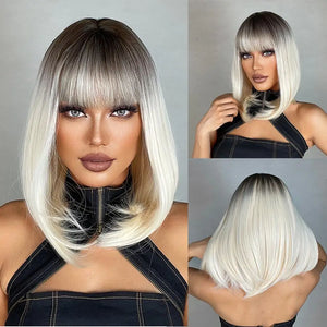 Short Straight Synthetic Wigs for Women Blonde to Brown Ombre Bob Wigs with Bangs Daily Cosplay Party Heat Resistant Fake Hair