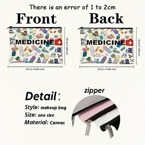 Medicine-Themed Cosmetic Travel Bag - Foldable Zippered Makeup Organizer, Gift for Healthcare Professionals, Cosmetic Bag