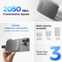 Load image into Gallery viewer, ORICO Mini Magnetic External SSD Portable Solid State 480MB/s Hard Drive for IPhone 16 15 Pro/Max ProRes 4K HDR Record and Store
