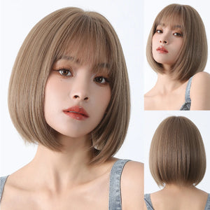 Short Straight Bob Wigs for Women Black Brown Synthetic Natural Hair Wig with Bangs Heat Resistant Cosplay Daily Use Hair