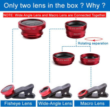 Load image into Gallery viewer, 3 in 1 Fisheye Wide Angle Micro Camera Lens for iPhone Xiaomi Redmi 3IN1 Zoom Fish Eye Len on Smartphone Lenses with Phone Clip
