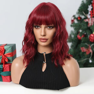 Short Wavy Wine Red Synthetic Wigs for Women Curly Lolita Wigs With Bangs Shoulder Length Wigs Natural Looking Daily Cosplay