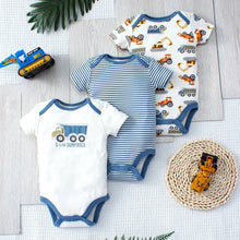 Load image into Gallery viewer, 3PCS Baby Bodysuit Set for Boys | Summer Short Sleeve Cotton Romper with Cartoon Dinosaur &amp; Stripe Designs
