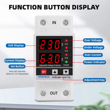 Load image into Gallery viewer, Dual Display 40A 63A 230V Din Rail Adjustable digital Over Under Voltage Relay Surge Protector  Limit Over Current Protection
