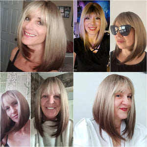 Short Straight Synthetic Wigs for Women Blonde to Brown Ombre Bob Wigs with Bangs Daily Cosplay Party Heat Resistant Fake Hair