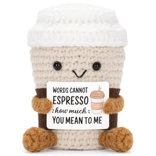 Load image into Gallery viewer, Funny Crochet Emotional Support Coffee Doll With Card Desktop Ornament Handmade Knitted Coffee Dolls Christmas Gifts Home Decor
