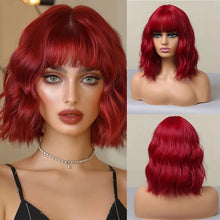 Load image into Gallery viewer, Short Wavy Wine Red Synthetic Wigs for Women Curly Lolita Wigs With Bangs Shoulder Length Wigs Natural Looking Daily Cosplay
