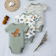Load image into Gallery viewer, 3PCS Baby Bodysuit Set for Boys | Summer Short Sleeve Cotton Romper with Cartoon Dinosaur &amp; Stripe Designs
